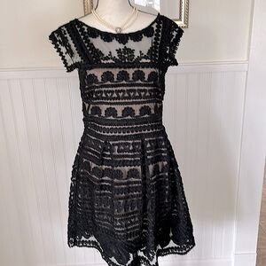 Yoanna Baraschi Little Black Dress Mesh and Embroidery Fit and Flare Cap Sleeve